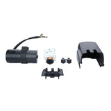Five separate black and white plastic and metal components for Empura ice machines, including the E-MCF500 model, are displayed on a white background—a cylindrical part with wire, switch-like component, two mounting brackets, and a black cover piece.