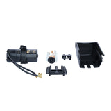 Five black and white electrical components for Empura ice machines are arranged in a row: a cylindrical part with wires, a white piece with metal connector, a black circular component, rectangular holders, and an E-MCF500 Empura compressor cover.