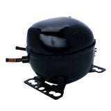 A black, oval-shaped Empura compressor with two copper tubes protruding from one side and a metal mounting bracket attached at the base, ideal for Empura Ice Machines, isolated on a white background.