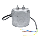 A square-shaped electric motor with a metal casing, two mounting bolts on top—ideal for Empura Ice Machines. Features a black wire extending from one side and three colored wires (brown, yellow-green, blue) for easy fan installation.