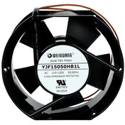 A black Weiguang axial fan motor with five blades, ideal for Empura Ice Machines, is shown. The center label lists model YJF15050HB1L, specs, certification marks, and a 09/2024 date code. Copper wires extend from the top—perfect as an Empura Part replacement fan.
