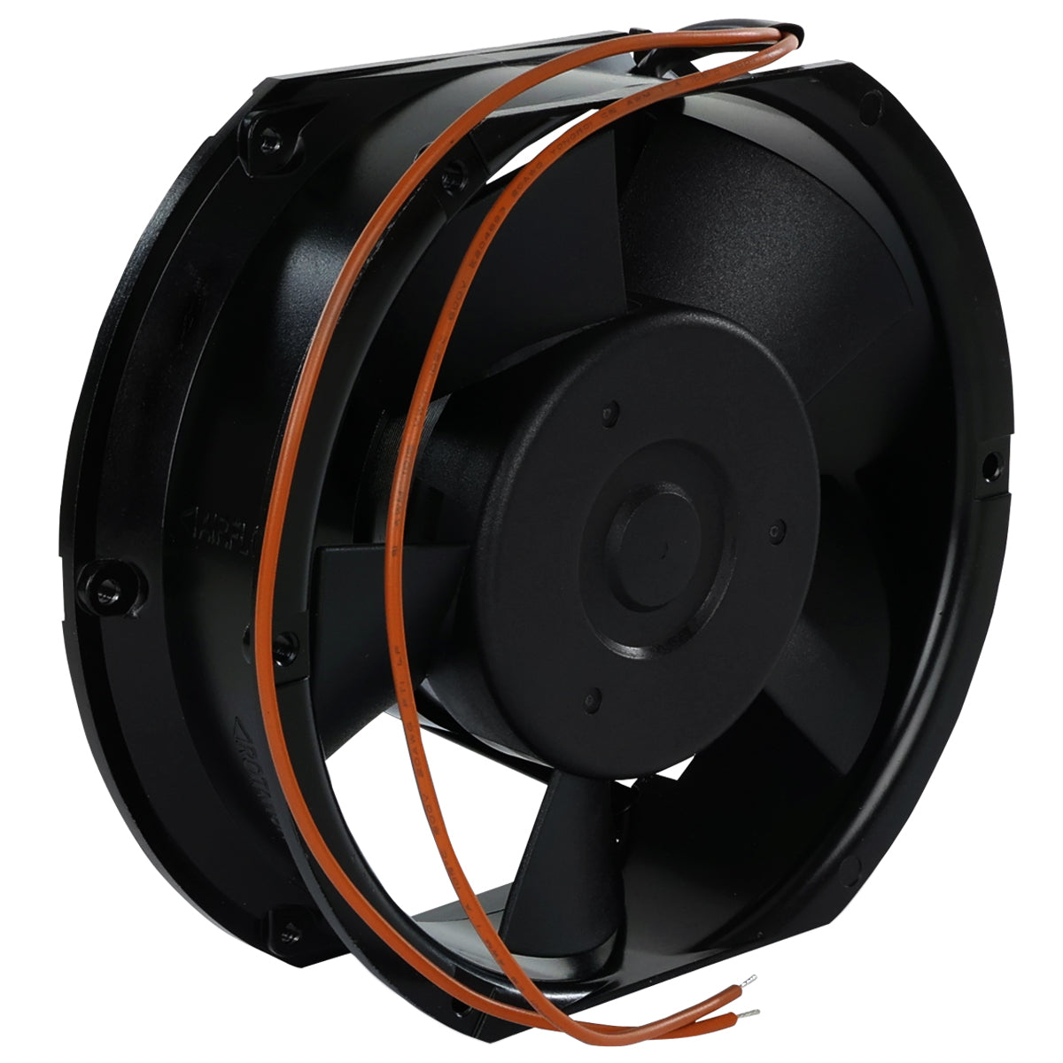 A large black axial fan with a circular frame and five blades, viewed at an angle. Two thin, orange electrical wires are looped around the fan, ready for connection—an essential component for Empura Ice Machines and Empura Parts.