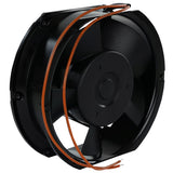 A large black axial fan with a circular frame and five blades, viewed at an angle. Two thin, orange electrical wires are looped around the fan, ready for connection—an essential component for Empura Ice Machines and Empura Parts.