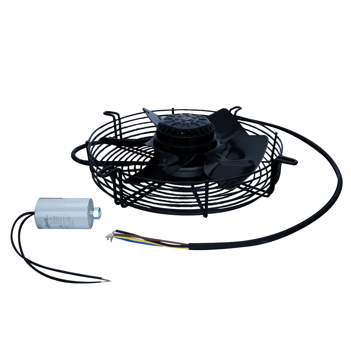 A black metal electric fan with five blades is encased in a protective wire cage. It is attached to a cylindrical capacitor with exposed colored wires, resembling components found in Empura Ice Machines or genuine Empura Parts, lying on a white background.