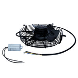 A black metal electric fan with five blades is encased in a protective wire cage. It is attached to a cylindrical capacitor with exposed colored wires, resembling components found in Empura Ice Machines or genuine Empura Parts, lying on a white background.