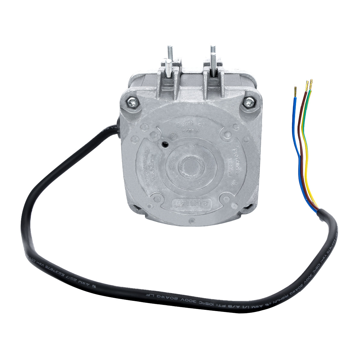 A metal electric motor, like the Empura fan E-UCF280 for Empura Ice Machines, features a round faceplate, four bolts, and two terminals on top. A black cable leads to four exposed color-coded wires with stripped ends. The background is plain white.