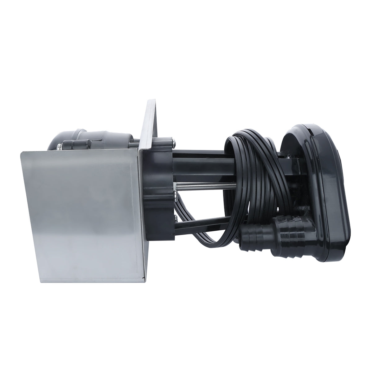 A black power cord is neatly coiled around the central shaft of a metallic and plastic water pump. The device, compatible with Empura Ice Machines, features a rectangular silver metal panel and a black plastic casing with plug, photographed against a white background.