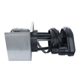 A black power cord is neatly coiled around the central shaft of a metallic and plastic water pump. The device, compatible with Empura Ice Machines, features a rectangular silver metal panel and a black plastic casing with plug, photographed against a white background.
