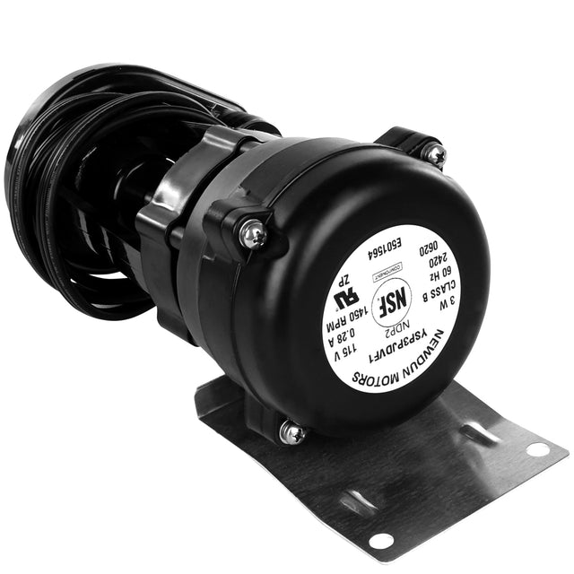 A black electric motor with a cylindrical body, often used as a water pump for Empura Ice Machines, attached to a metal mounting bracket. The bracket has two large holes for installation. A black power cord is wrapped around the rear.