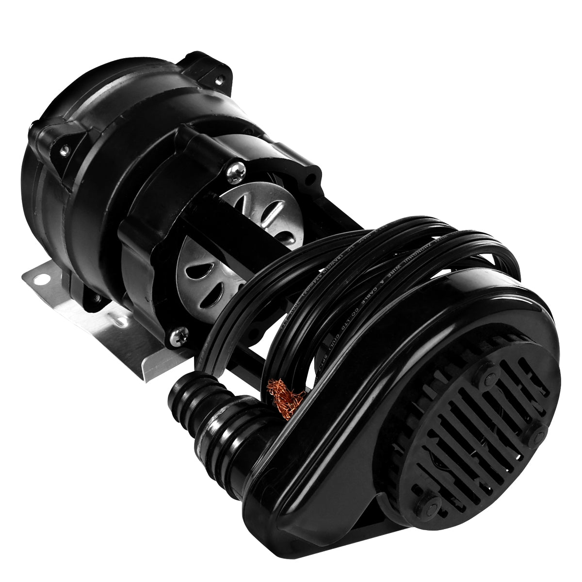 A black electric air compressor motor with metallic mounting brackets, exposed fan blades, coiled black power cord, and a vented casing on one end—ideal for use with Empura Parts or Empura Ice Machines. Photographed against a white background.