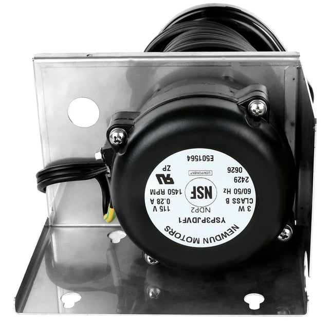 A close-up of a black electric motor, often used as an Empura water pump in Empura ice machine parts. Mounted on a shiny metal bracket, its label displays technical specs like voltage and RPM. Yellow and black wires extend from the left side.