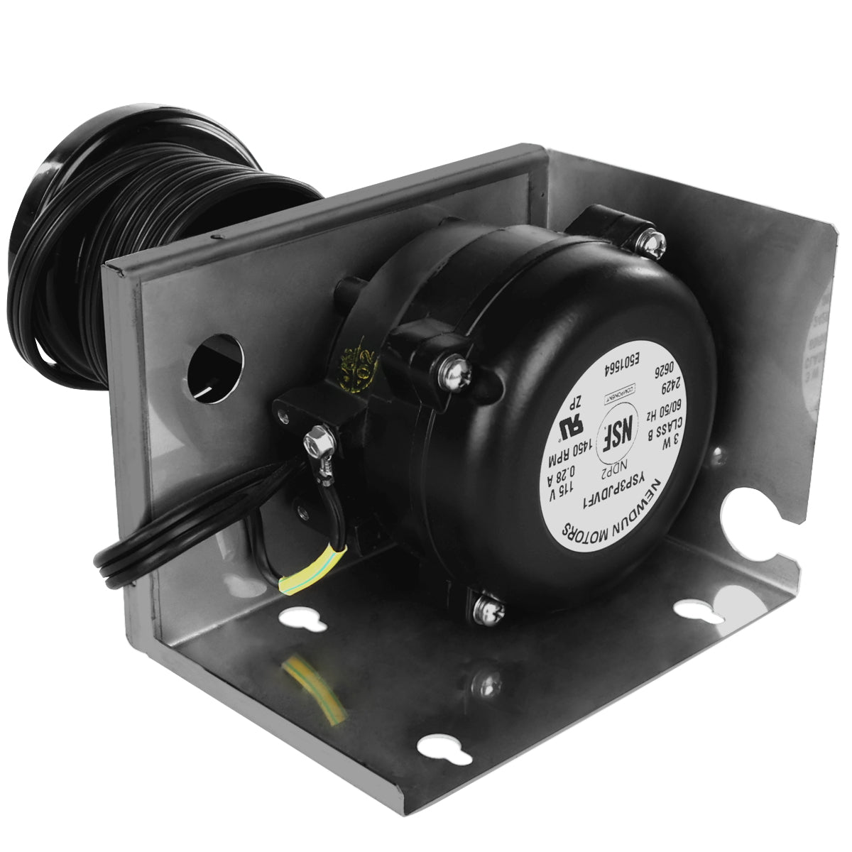A black vacuum motor mounted on a silver metal bracket, featuring a coiled black wire. Ideal for Empura ice machine parts or water pump replacement, the motor has a white label with technical info. The bracket includes mounting holes and a bent edge for support.