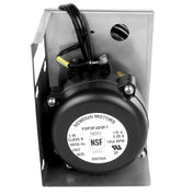 A black Newdun Motors electric motor, often used in Empura Ice Machines like the E-UCF240 as a water pump, is mounted on a metal bracket. The label shows model YSP3PJDVF1, 3W, 115V. Wires extend from the top; screws and labels are visible.