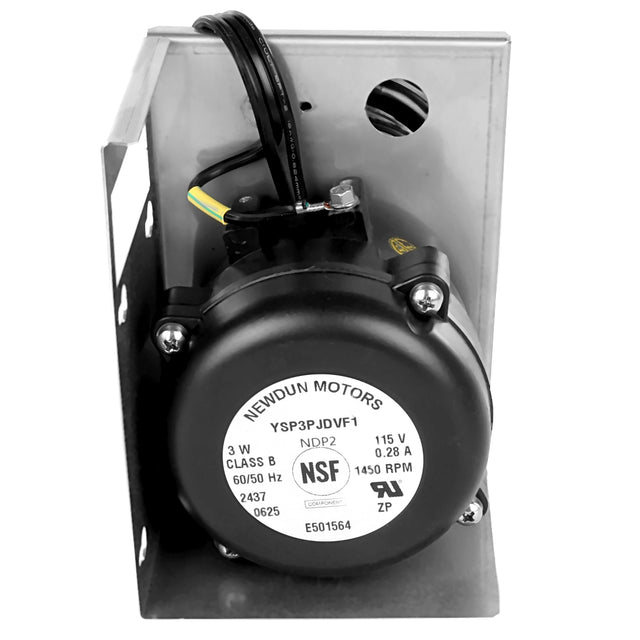 A black Newdun Motors electric motor, often used in Empura Ice Machines like the E-UCF240 as a water pump, is mounted on a metal bracket. The label shows model YSP3PJDVF1, 3W, 115V. Wires extend from the top; screws and labels are visible.