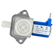 A water inlet valve for Empura Ice Machines, featuring a metal mounting bracket, white round plastic housing with mesh screen, and a blue coil with terminals. The white label displays technical specs and approval marks—ideal among genuine Empura Parts.