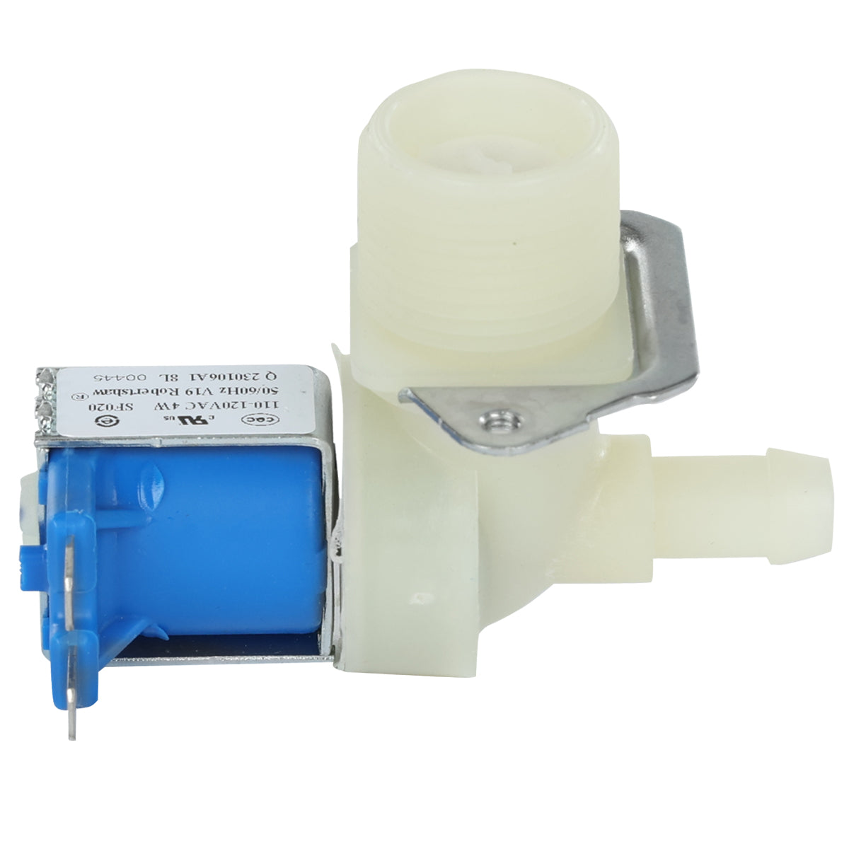A white plastic water inlet valve with a blue coil and metal bracket, designed for Empura Ice Machines. The valve has a threaded inlet on top, hose barb outlet on the side, and electrical terminals extending from the blue section.