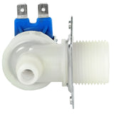 A white plastic water inlet valve with a threaded inlet and two metal electrical connectors on a blue base. The flanged side allows for easy mounting. Commonly used in appliances and compatible with Empura Ice Machines or Empura Parts.