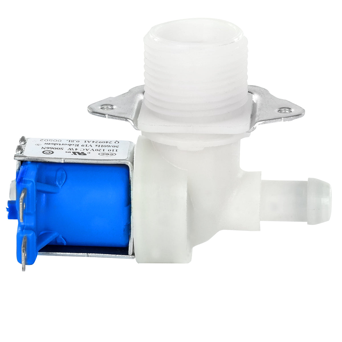 A water inlet valve with a white plastic body, a threaded top inlet, side outlet spout, and a blue cylindrical solenoid coil on a metal bracket with two electrical connectors—compatible with Empura ice machines and other Empura Parts.
