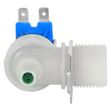 A plastic water inlet valve for Empura Ice Machines featuring a threaded male connector on the right, cylindrical center, and blue electrical connector with two metal prongs. The front opening houses a visible green filter or mesh inside.