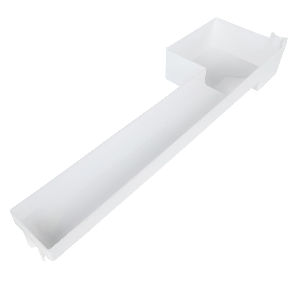 A long, white plastic tray with a rectangular shape, ideal for organizing Empura Parts or use alongside an ice machine. It features a deep, open compartment at one end and a narrow section extending from it, resembling a mini sink with a smooth surface.