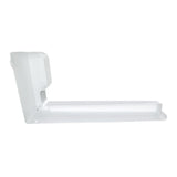 A white, L-shaped plastic wall bracket with a flat horizontal shelf and a raised section on the left side. Compatible with Empura Ice Machines, this Empura Parts bracket has smooth surfaces, rounded corners, and visible screw holes for mounting.