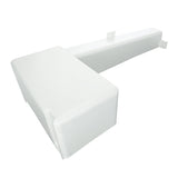 A plain, white, L-shaped plastic object with smooth edges and a flat surface, featuring two small hooks or tabs on one end. Ideal as a replacement Empura Parts component for ice machines or sink assemblies. Photographed at an angle on a white background.