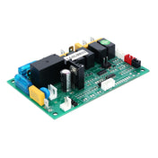 A green printed circuit board for Empura Ice Machines, featuring various electronic components like relays, capacitors, resistors, and fuses. This Empura Parts control board has neatly arranged connectors and clearly labeled terminals.