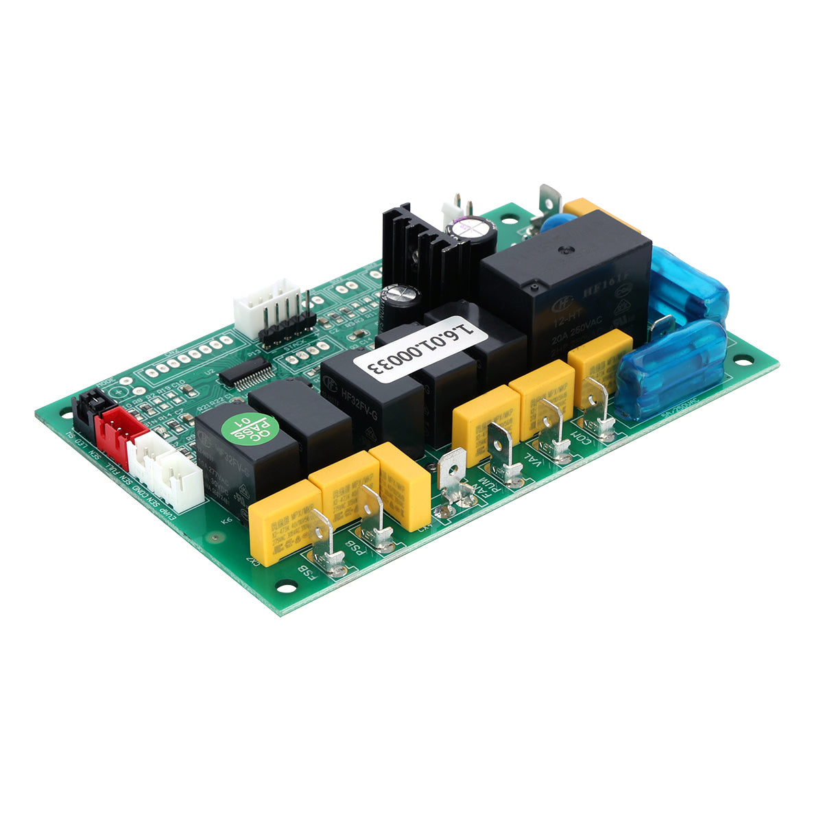 A green control board PCB with black relays, yellow capacitors, blue fuses, and connectors is arranged neatly. Compatible with Empura Ice Machines, this essential Empura Part features various pins and chips on a white background.