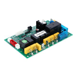 A green Empura control board with various electronic components—yellow relays, blue fuse, black heatsink, connectors, and chips—is photographed at an angle on a white background. Ideal as a replacement part for Empura Ice Machines.
