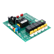 A green electronic circuit board, likely used for Empura ice machines, features several black relays with yellow tabs, connectors, capacitors, a transformer labeled “15.0.0.050.3,” and other components. The Empura control board is shown angled on a white background.