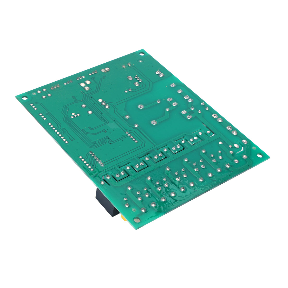 A green Empura control board PCB viewed from an angle, showing numerous silver solder points, thin circuit traces, and small holes. The board has a smooth surface with no visible electronic components on this side, sitting on a white background.