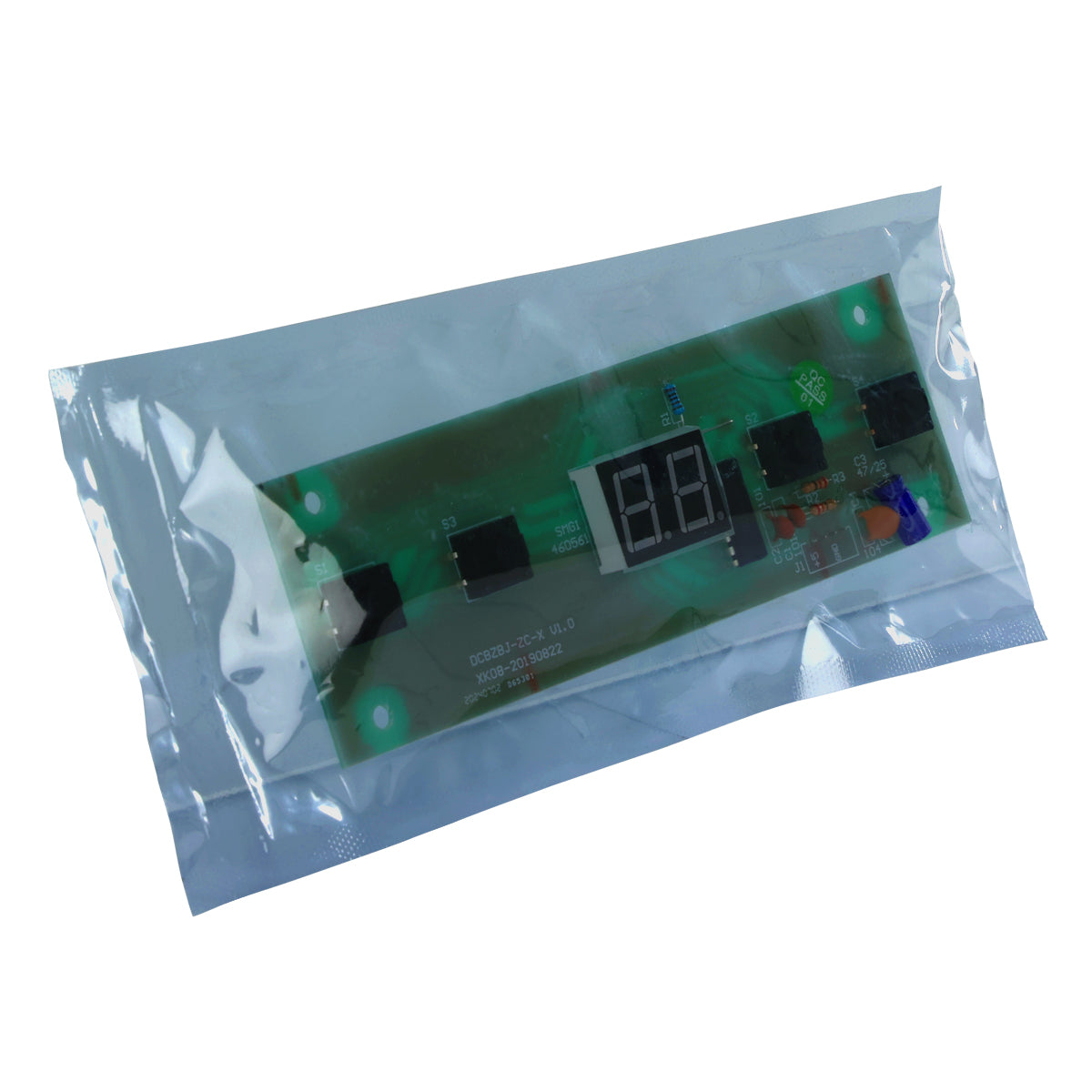 A green electronic circuit board for Empura Ice Machines, model E-UCF120, features a digital display showing “8.8.” Sealed in a clear anti-static bag, the board reveals black components and colorful wiring against a white background.