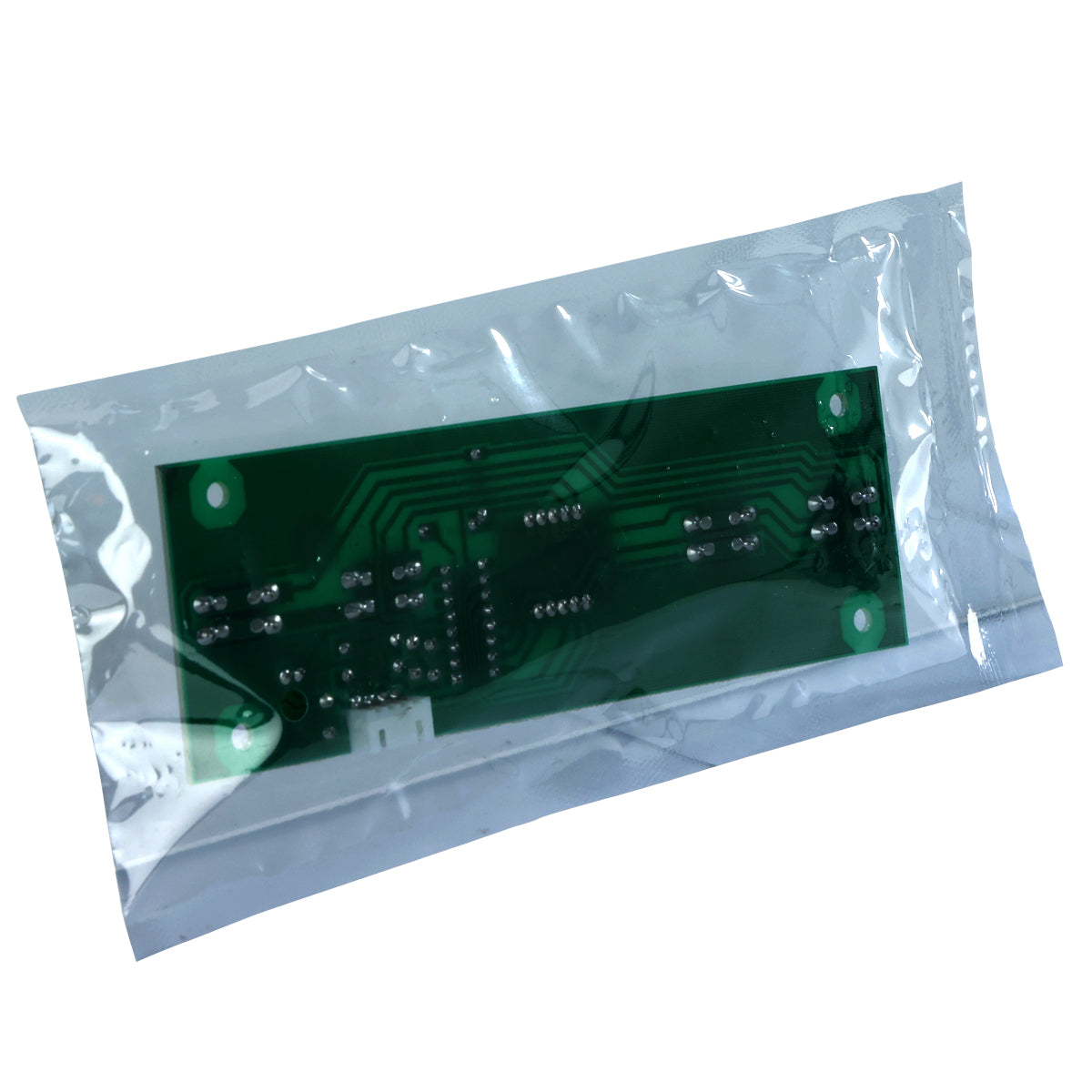 A green printed circuit board (PCB) for the E-UCF120 Empura Ice Machines Display with visible solder points is sealed inside a transparent anti-static plastic bag, isolated on a white background.
