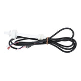 A white plastic float sensor with a cylindrical stem, commonly used as an electronic water level sensor in Empura ice machines, is attached to a long black cable bundled with a brown twist tie. The cable ends in two exposed wires and one red connector.