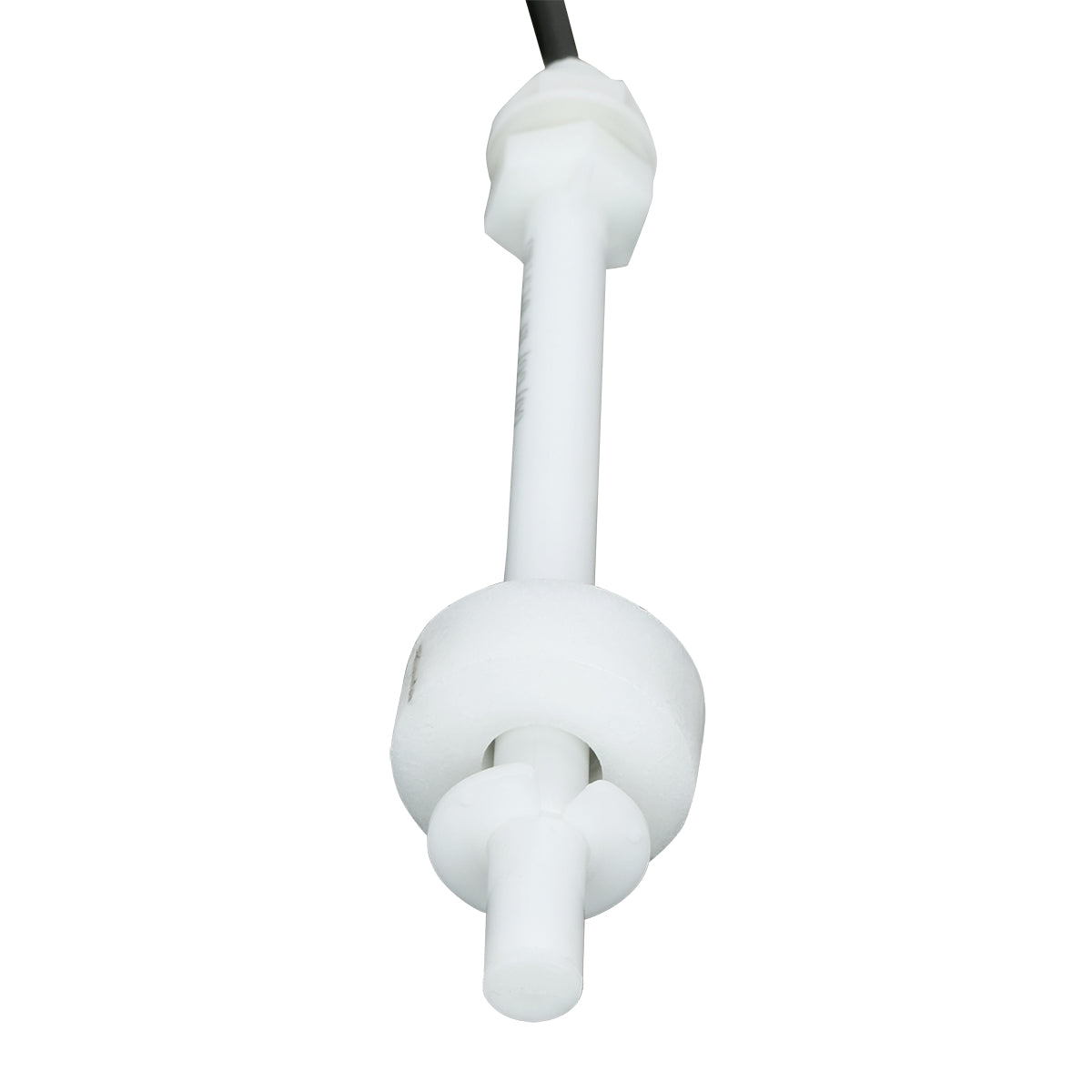 A close-up view of a white plastic float sensor, commonly used as an electronic water level sensor in Empura ice machines. The cylindrical body, central rod, round float ring, and cable are clearly visible against a white background.