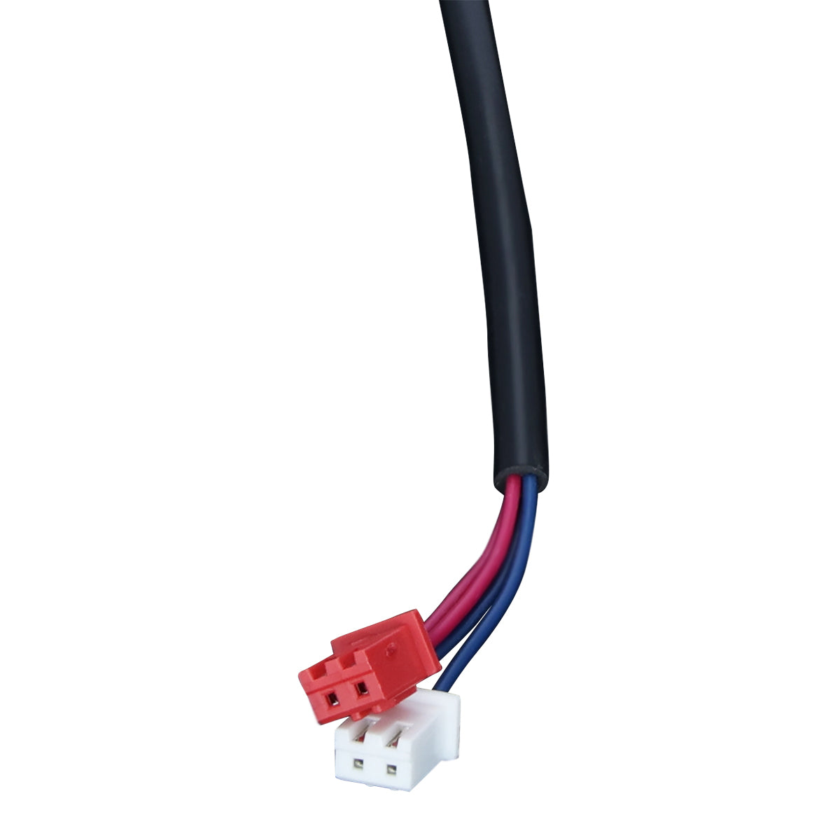 Close-up of an electrical cable for an electronic water level sensor, splitting into three wires—red, blue, and purple—and ending in two small plastic connectors with metal pins, commonly used in Empura ice machines.