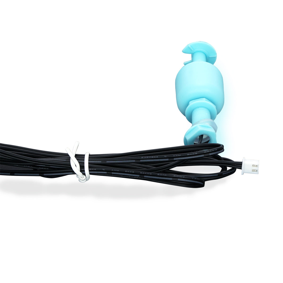 A blue plastic float sensor, designed as an electronic water level sensor for Empura ice machines, is attached to a long, coiled black cable with a white twist tie. The clean, unused device ends in a small white connector against a plain white background.