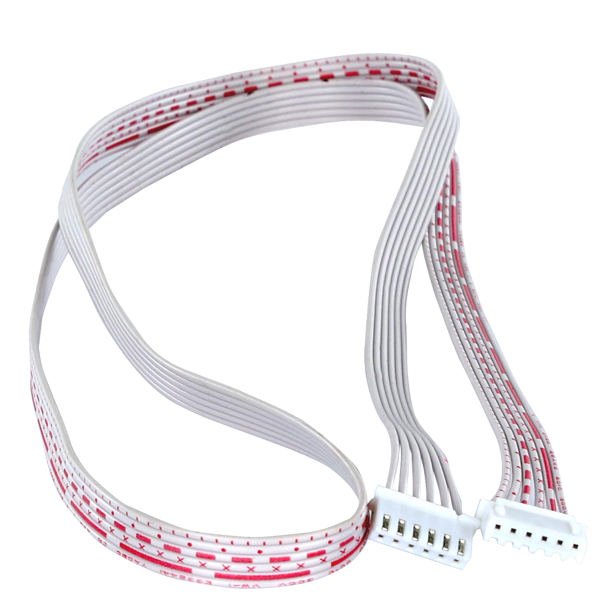 A flat ribbon cable with red markings, featuring two white plastic connectors with five metal pins each at the ends, compatible with Empura Ice Machines, laying loosely coiled on a white background.