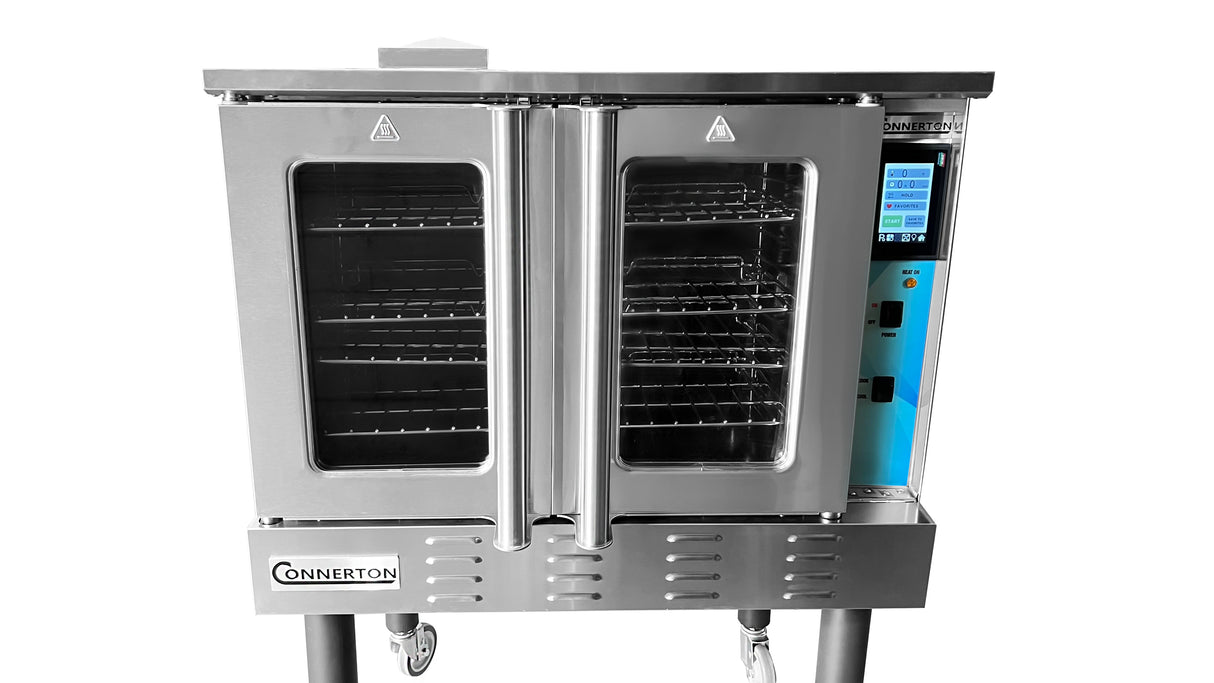 A stainless steel convection oven with two glass doors, multiple wire racks inside, control knobs, and a digital display panel on the right. This ENERGY STAR convection oven stands on four wheeled legs. The Connerton brand appears on the front panel.