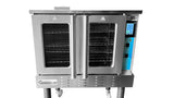 A stainless steel convection oven with two glass doors, multiple wire racks inside, control knobs, and a digital display panel on the right. This ENERGY STAR convection oven stands on four wheeled legs. The Connerton brand appears on the front panel.