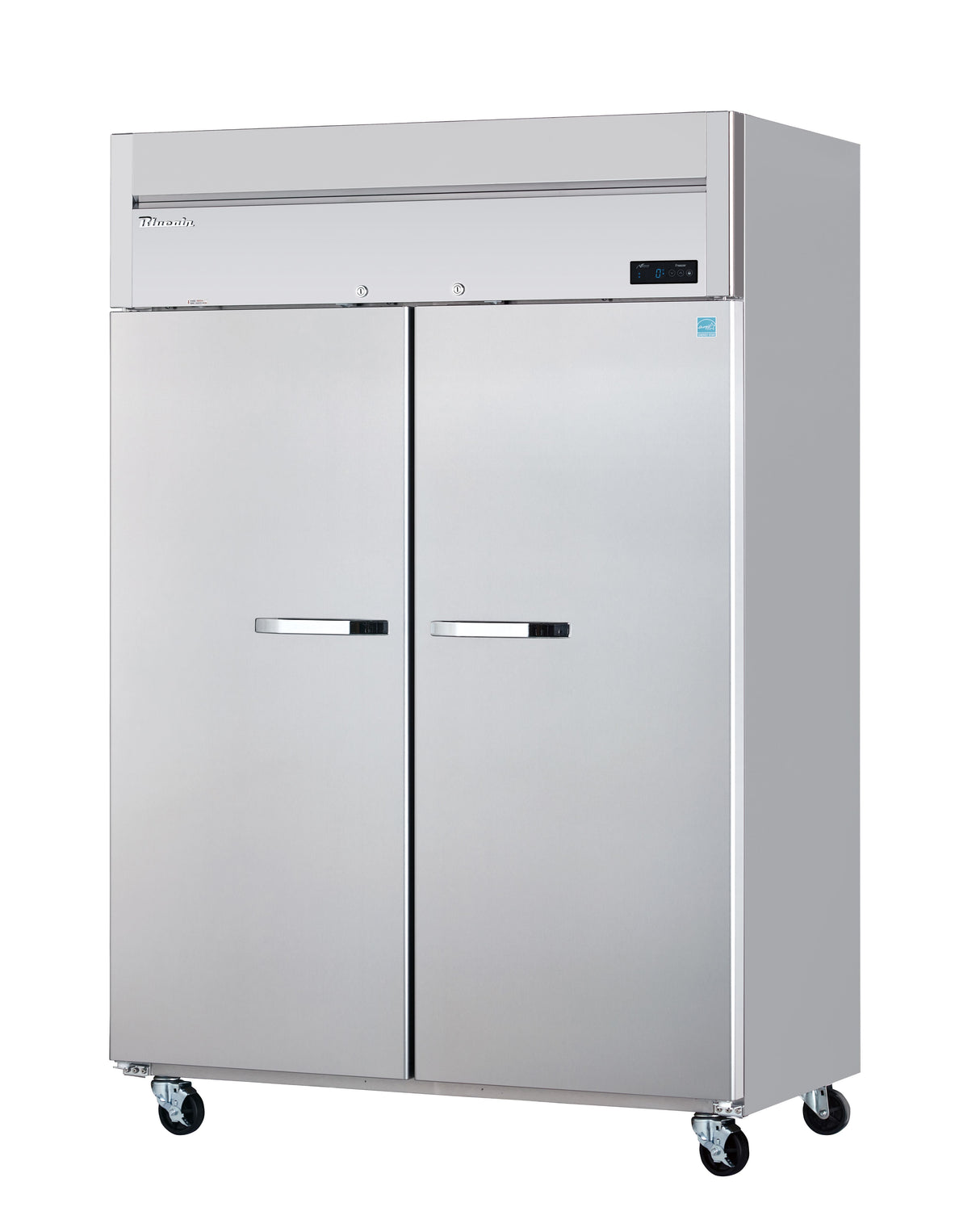 A large, stainless steel two-section freezer with vertical doors, horizontal handles, a small digital display on the top right, and four caster wheels for mobility. The clean, reflective surface adds to this reach-in freezer’s professional appeal.