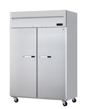A large, stainless steel two-section freezer with vertical doors, horizontal handles, a small digital display on the top right, and four caster wheels for mobility. The clean, reflective surface adds to this reach-in freezer’s professional appeal.