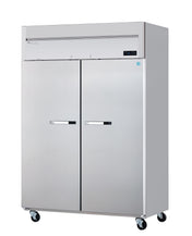 A large, stainless steel two-section refrigerator with tall doors, horizontal handles, a digital display on the upper right, and four caster wheels for mobility. Its sleek, industrial design is ideal for professional kitchens.