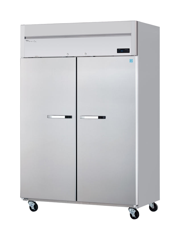 A large, stainless steel two-section refrigerator with tall doors, horizontal handles, a digital display on the upper right, and four caster wheels for mobility. Its sleek, industrial design is ideal for professional kitchens.