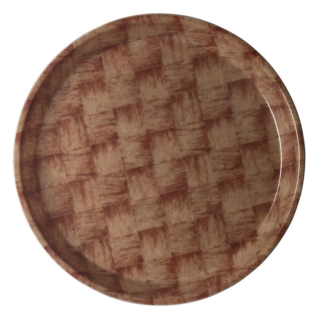 A round Serving Camtray plate with a woven basket-like pattern in shades of brown and tan. The crisscrossing lines create a textured look, and the fiberglass tray is photographed from above against a white background.