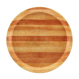 A round wooden Serving Camtray features alternating light and dark brown bands, creating a striped pattern. The plate has a smooth surface, a slightly raised rim, and sits on a white background. Dishwasher safe for easy cleanup.