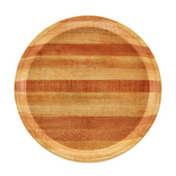A round wooden Serving Camtray features alternating light and dark brown bands, creating a striped pattern. The plate has a smooth surface, a slightly raised rim, and sits on a white background. Dishwasher safe for easy cleanup.