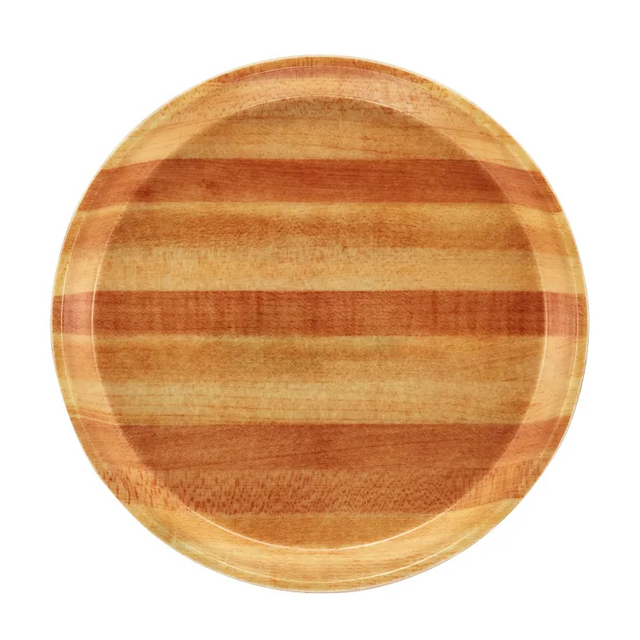 A round wooden Serving Camtray features alternating light and dark brown bands, creating a striped pattern. The plate has a smooth surface, a slightly raised rim, and sits on a white background. Dishwasher safe for easy cleanup.