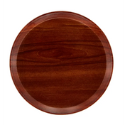 A round, flat, dark brown Serving Camtray with a smooth finish and visible wood grain patterns. This durable fiberglass tray has a slightly raised edge and is photographed from above against a plain white background. Dishwasher safe for easy cleaning.