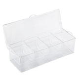 A clear TableCraft bar condiment holder with a hinged lid, divided into five equal compartments. The box features transparent polystyrene inserts and is empty, shown from a slight angle to highlight its dividers and clarity.